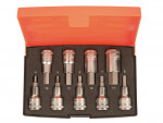 A set of ten hex bit sockets in various sizes arranged in a black foam tray inside an open orange plastic case. Each socket is labeled with its size, ranging from 4 to 17.