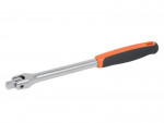 A metal breaker bar with a black and orange rubber handle is shown on a white background. The tool has a square drive head for attaching sockets.,