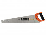 A Bahco PrizeCut hand saw with an orange and black handle, silver blade, and sharp teeth. The saw blade has branding text and wood illustrations printed on it.