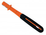 An orange and black handheld tool with a flat metal blade at one end, commonly used for sharpening. The handle has a hole near the end for hanging.