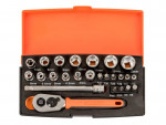 A socket wrench set in an open orange and black case, containing a ratchet, extension bar, various socket heads, and multiple screwdriver bits, all neatly organized in labeled slots.