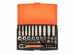 A socket wrench set in a black case with an orange lid, containing various socket sizes, a ratchet handle, an extension bar, and multiple bits, neatly organized in foam compartments.