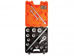 A socket wrench set in an open black and orange plastic case, showing a ratchet handle, extension bars, and various sizes of sockets arranged neatly inside.