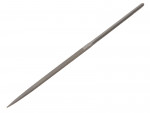 A metal file with a long, thin, cylindrical shape and a pointed tip, used for smoothing or shaping materials. The surface has a textured grip for filing. The background is plain white.