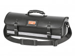 A black Bahco tool bag with a handle, adjustable shoulder strap, two front buckles, and a silver reflective strip. The bag has a textured surface and a Bahco logo patch on the front flap.