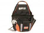 A black and orange Bahco tool pouch with multiple compartments and metal holders, designed for carrying tools and accessories, shown standing upright on a white background.