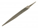 A metal hand file with a flat, tapered shape and a rough, textured surface used for smoothing or shaping materials. The file has a pointed tip and a narrow tang for attaching a handle.