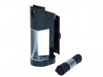 A black automatic soap or sanitizer dispenser with a transparent container is shown next to a neatly rolled black cloth secured with a clear band. Both items are set against a plain white background.,