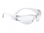 Clear plastic safety glasses with wraparound lenses and curved arms, designed to protect the eyes. The frame and lenses are transparent, and the glasses have a simple, functional design.