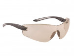 Clear safety glasses with slightly tinted, wraparound lenses and black, curved arms, designed for eye protection.