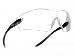 Clear safety glasses with a rimless design, transparent lenses, and black, curved arms. The brand Bolle is visible on one arm.