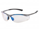Translucent sports sunglasses with clear lenses, blue accents on the frame, and black flexible arms. The brand “bollé” is printed on the right arm.