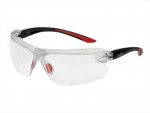 Clear safety glasses with wraparound lenses, black and red arms, and a slightly curved design for protective eyewear.