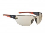 A pair of sporty safety glasses with transparent tinted lenses, black and orange arms, and a “bollé” logo on the side. The design appears lightweight and ergonomic.