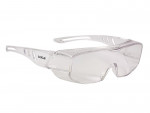 Clear safety glasses with wraparound lenses and side shields, featuring the Bollé logo on the temple. The frame is transparent, providing full eye protection.