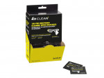 A yellow and black display box labeled “Bolle Clean” holds 100 pre-moistened cleaning wipes for safety glasses. Two individual wipe packets are shown in front of the box.,
