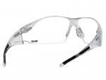 Clear safety glasses with a wraparound design, transparent lenses, and slightly curved arms. The frame has Bollé branding and a small HD logo on the left lens.