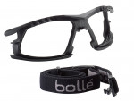 Black sports safety glasses frame with a detachable strap that has “bollé” written on it, designed for secure and comfortable eyewear during physical activities.