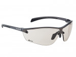 A pair of sporty, semi-rimless safety glasses with clear, slightly tinted lenses and black frames. The brand Bollé and the model BCSP are visible on the left arm and lens.