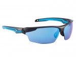 A pair of sporty sunglasses with black frames, blue accents on the arms, and blue mirrored semi-rimless lenses. The brand Bollé is visible on the left arm of the sunglasses.