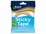 A package of Bostik Sticky Tape featuring colorful rainbow lines, a green gecko illustration, and text stating “Sticky Tape, Everyday Adhesive Tape, Clear – Sticky – Easy Tear.”.