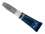 A small blue and silver tube of Bostik Super Glue Liquid with a gray twist cap, lying on a white background.