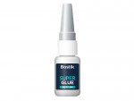 A small white bottle of Bostik Super Glue with a gray, ribbed cap and a dark blue label displaying the words SUPER GLUE in bold turquoise letters.