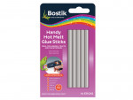 A pack of Bostik Handy Hot Melt Glue Sticks with 14 sticks in plastic packaging, labeled for use on hard plastics, ceramics, leather, fabric, wood, and metal. The packaging features a lizard and colorful design.