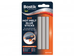 A package of Bostik DIY Hot Melt Glue Sticks, containing six sticks. The packaging highlights compatibility with various materials and features a photo of the glue sticks and a hot glue gun in use.