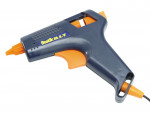 A blue and orange hot glue gun with a trigger and nozzle, labeled Bostik D.I.Y on the side. The glue stick is visible at the back. The tool is positioned on a white background.