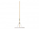 A garden rake with a long wooden handle and a wide metal head featuring multiple short, evenly spaced tines, photographed on a white background.