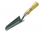 A garden hand trowel with a wooden handle and a green metal blade, shown against a white background. There is a Bulldog brand label on the handle.