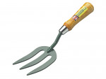 A three-pronged garden hand fork with a wooden handle and a green metal head, featuring a Bulldog label and a small Union Jack flag sticker near the handle.