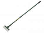 A long-handled floor scraper with a flat metal blade and a black rubber grip, designed for removing flooring materials like tile or carpet. The handle is green with a label near the blade.