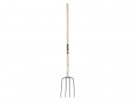 A long-handled pitchfork with a wooden shaft and four metal tines, designed for gardening or farm work, shown on a white background.