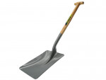 A long-handled shovel with a flat, rectangular metal blade and a wooden handle with a T-shaped grip, designed for digging or moving materials.