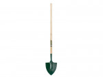 A long-handled shovel with a wooden handle and a green, pointed metal blade, shown vertically against a white background.