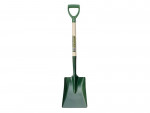 A green square-bladed shovel with a wooden shaft and a green D-shaped handle, standing upright against a white background.
