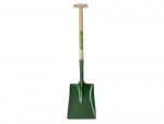 A green square-bladed shovel with a wooden handle and T-shaped grip, standing upright against a white background.