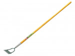 A garden hoe with a long yellow wooden handle and a flat, rectangular metal blade at one end, used for soil cultivation and weeding.