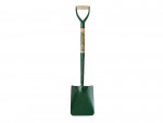 A green square-bladed garden spade with a wooden handle and a D-shaped grip, standing upright against a white background.