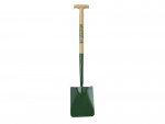 A garden spade with a wooden handle and a green metal blade, shown standing upright with the blade at the bottom and a T-shaped grip at the top.
