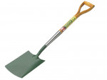 A green, square-bladed spade with a wooden handle and a metal shaft, labeled “Bulldog”, designed for digging or gardening tasks.