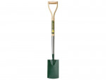 A garden spade with a wooden handle and a green metal blade, standing upright against a white background.