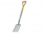 A garden fork with a wooden handle and four metal tines, shown against a white background. The handle has a D-shaped grip and a label attached to the shaft.