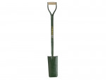 A long-handled, green gardening spade with a narrow, rectangular blade and a D-shaped wooden grip at the top. The handle has a yellow and black Bulldog label.