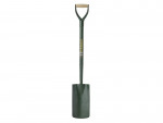 A green garden spade with a long handle, a wooden D-shaped grip, and a rectangular metal blade.