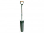 A long-handled, green garden shovel with a wooden grip and a narrow, pointed metal blade, standing upright against a white background.
