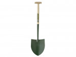 A gardening shovel with a wooden handle and a green, pointed metal blade. The handle has a T-shaped grip at the top.