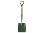 A green square-bladed garden spade with a wooden handle grip and a label on the shaft, standing upright on a white background.